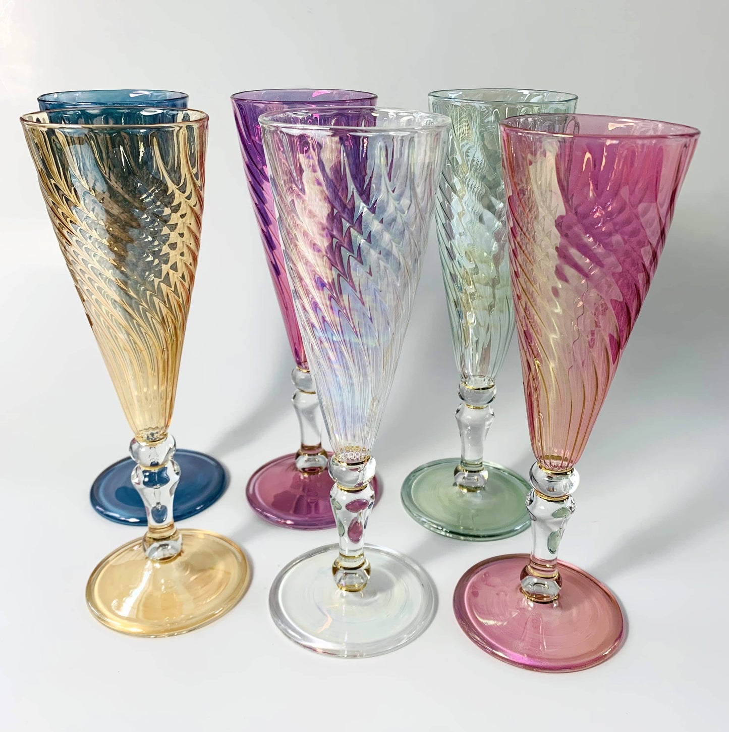 Blown Glass Long Stem Champagne Flute - Iridescent: Lavender
