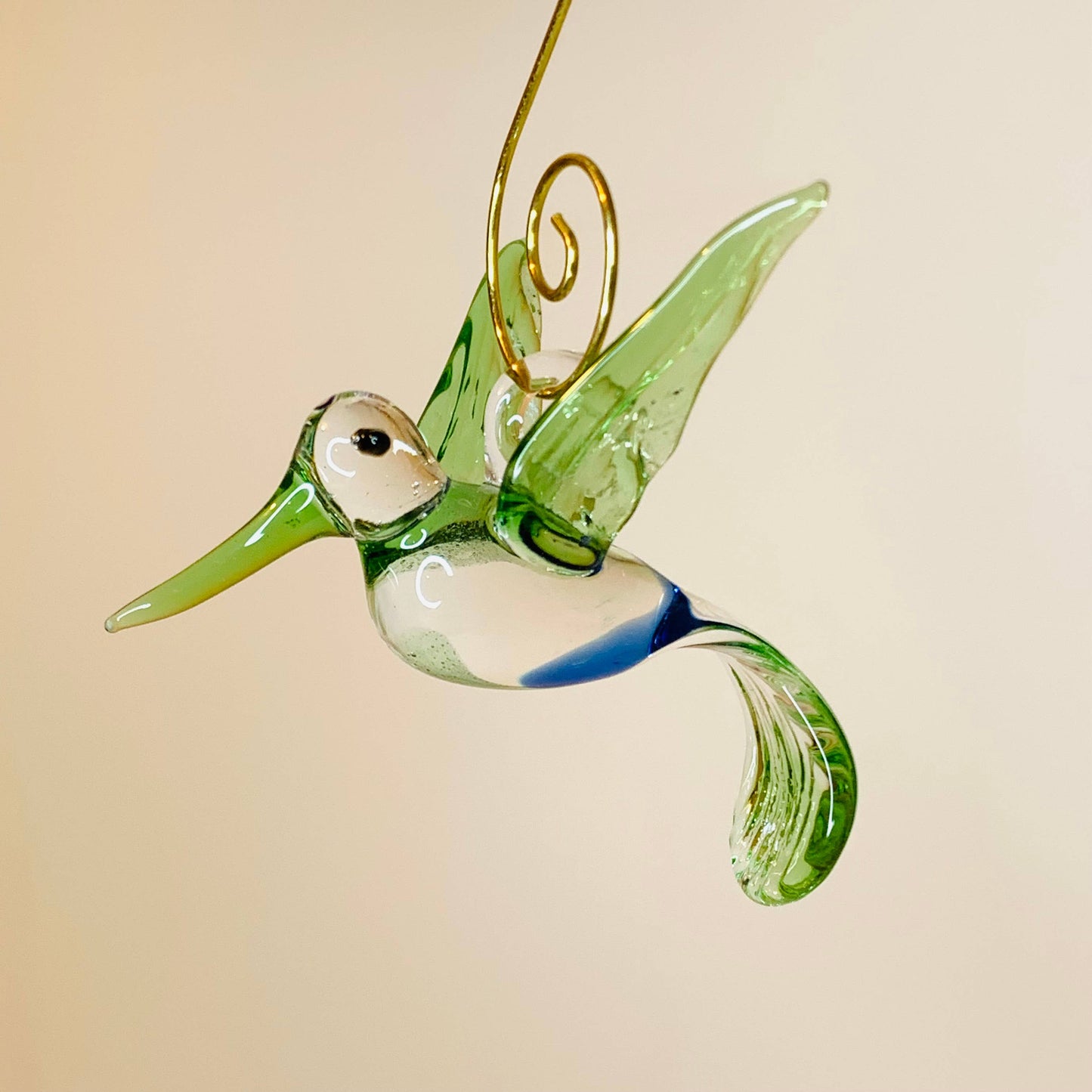 Blown Glass Ornament - Hummingbird Flying: Green