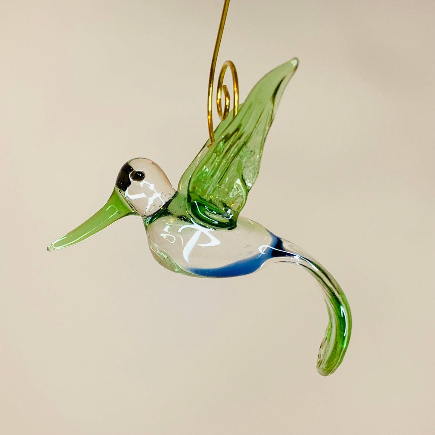 Blown Glass Ornament - Hummingbird Flying: Green
