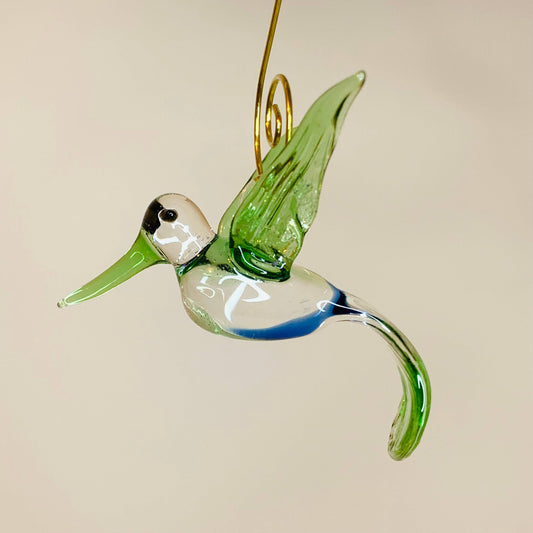 Blown Glass Ornament - Hummingbird Flying: Green