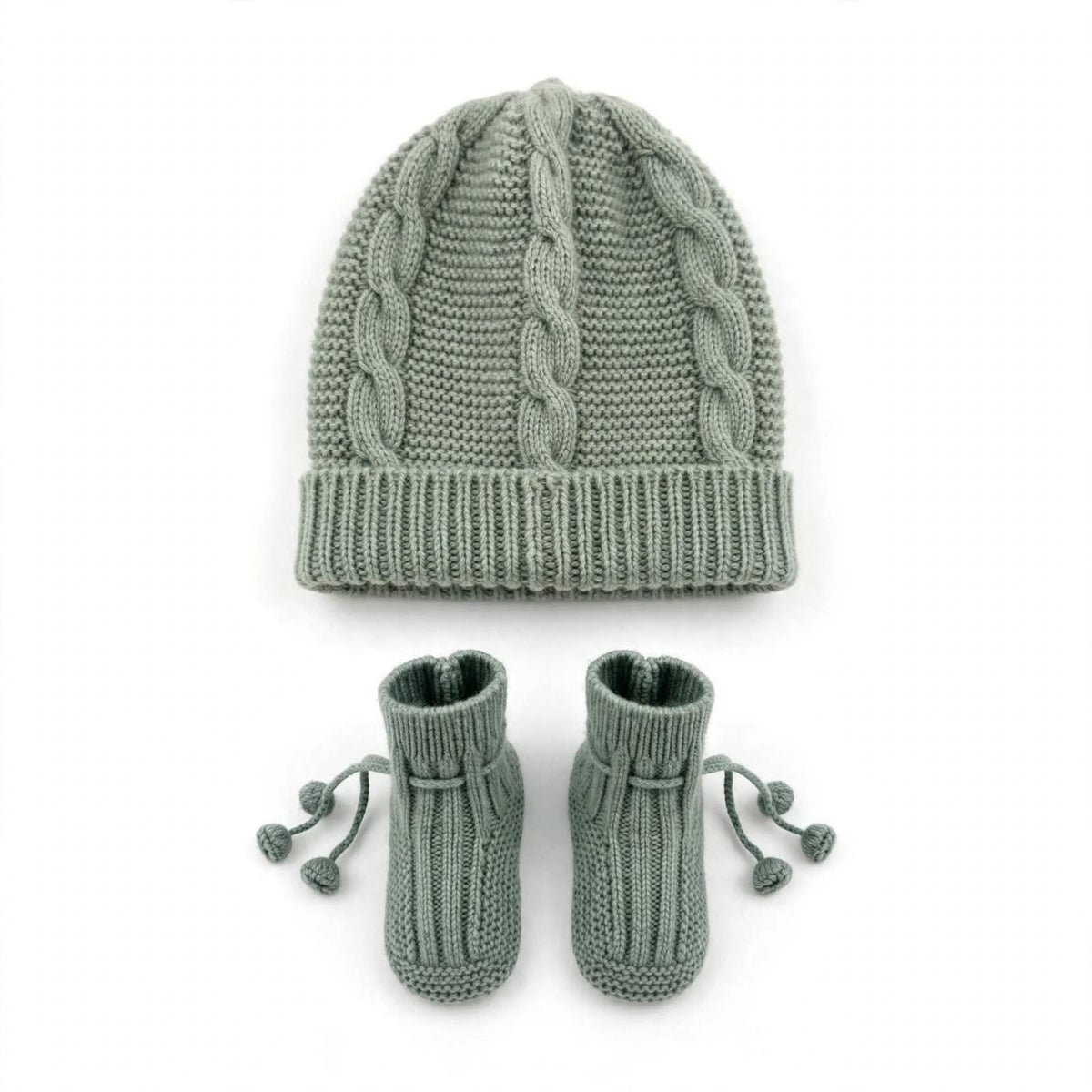 Cap and Bootie Baby Set. 100% Knitted Cashmere - SAGE GREEN