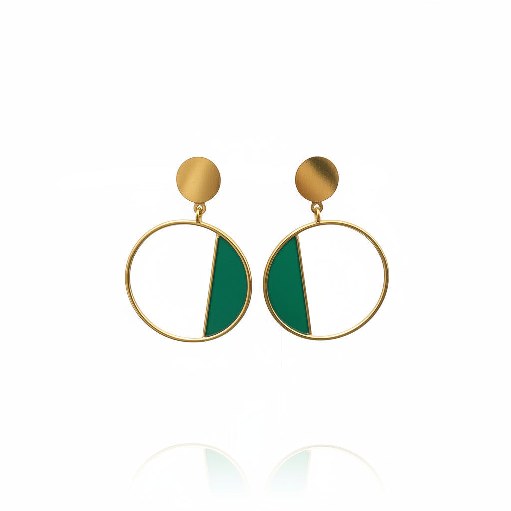 Round brass earring with sea foam coloured colour block
