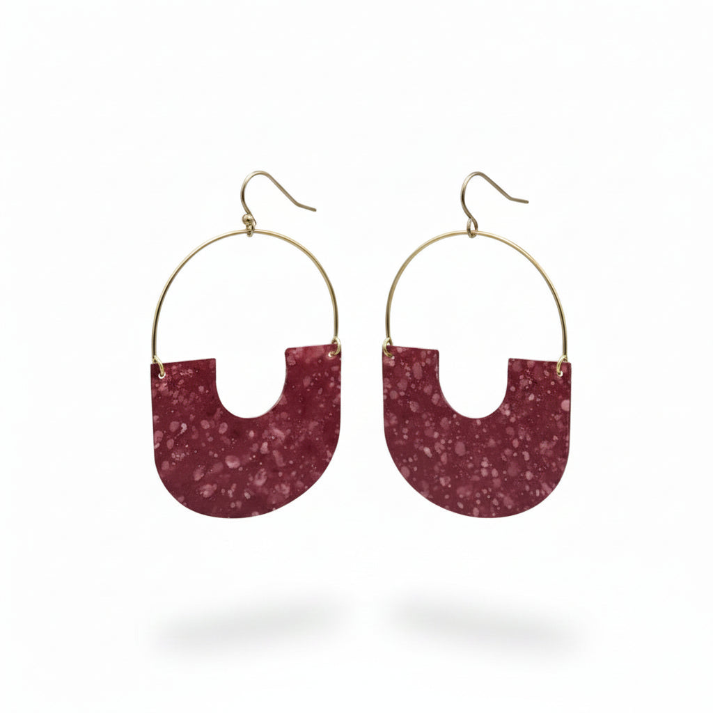 Brass maroon pink speckled metal earring