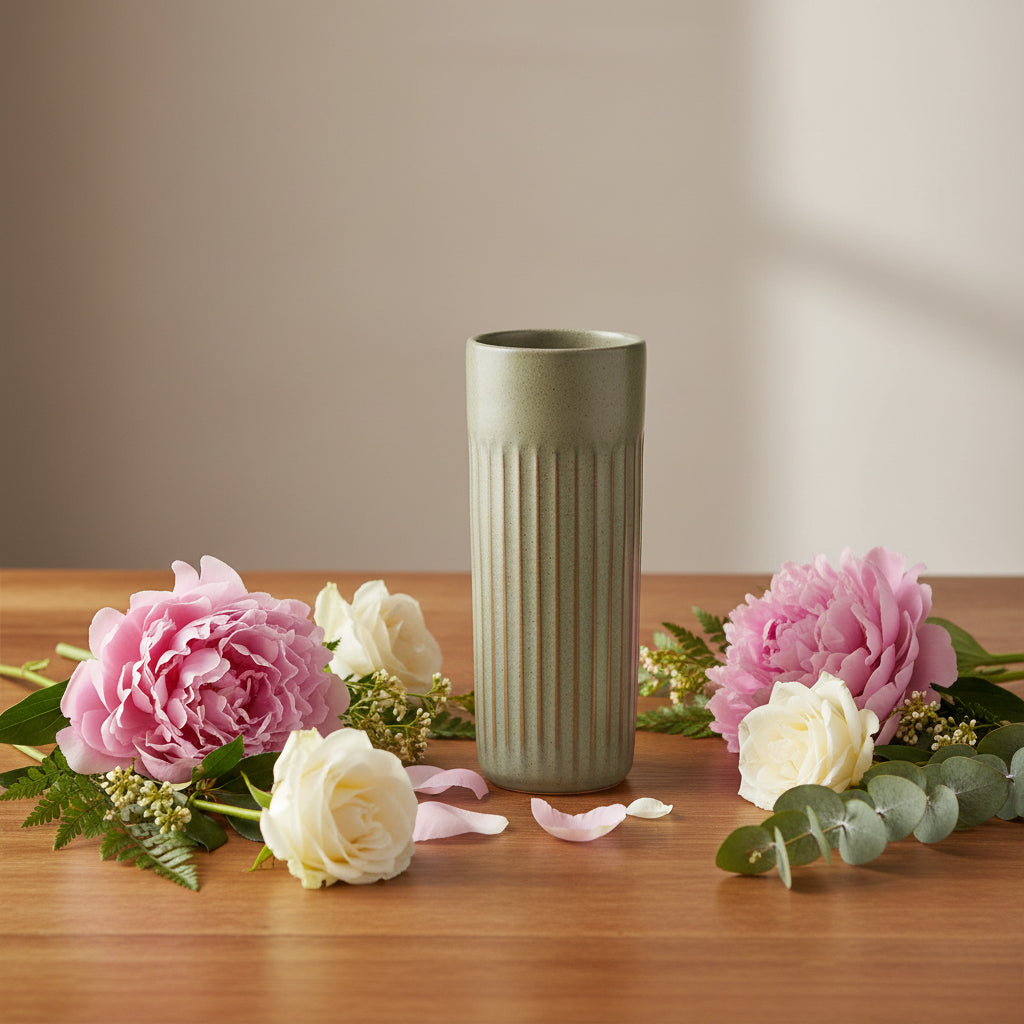 Pottery vase ribbed