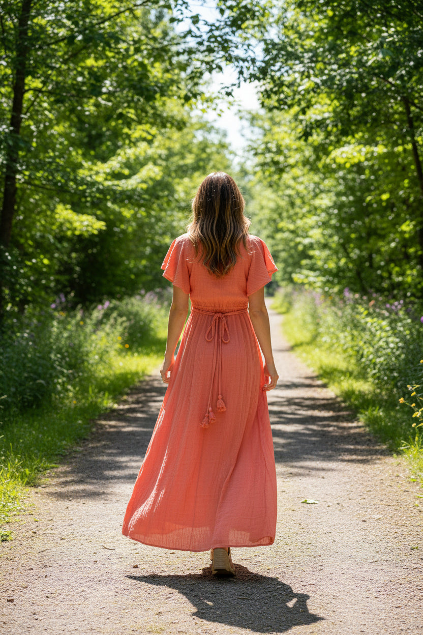 Peachy Pink Cotton Long Dress