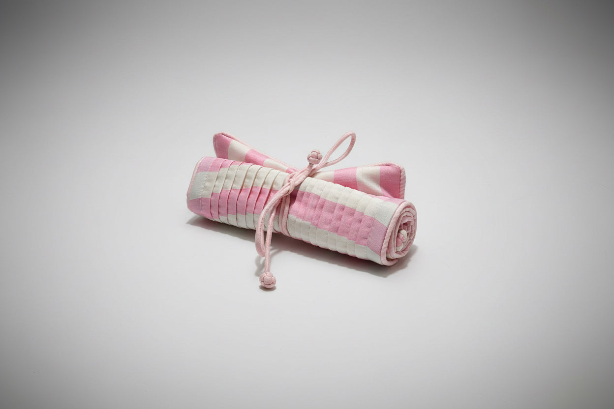 Pink and white stripe Silk Jewellery Roll Large Pouch