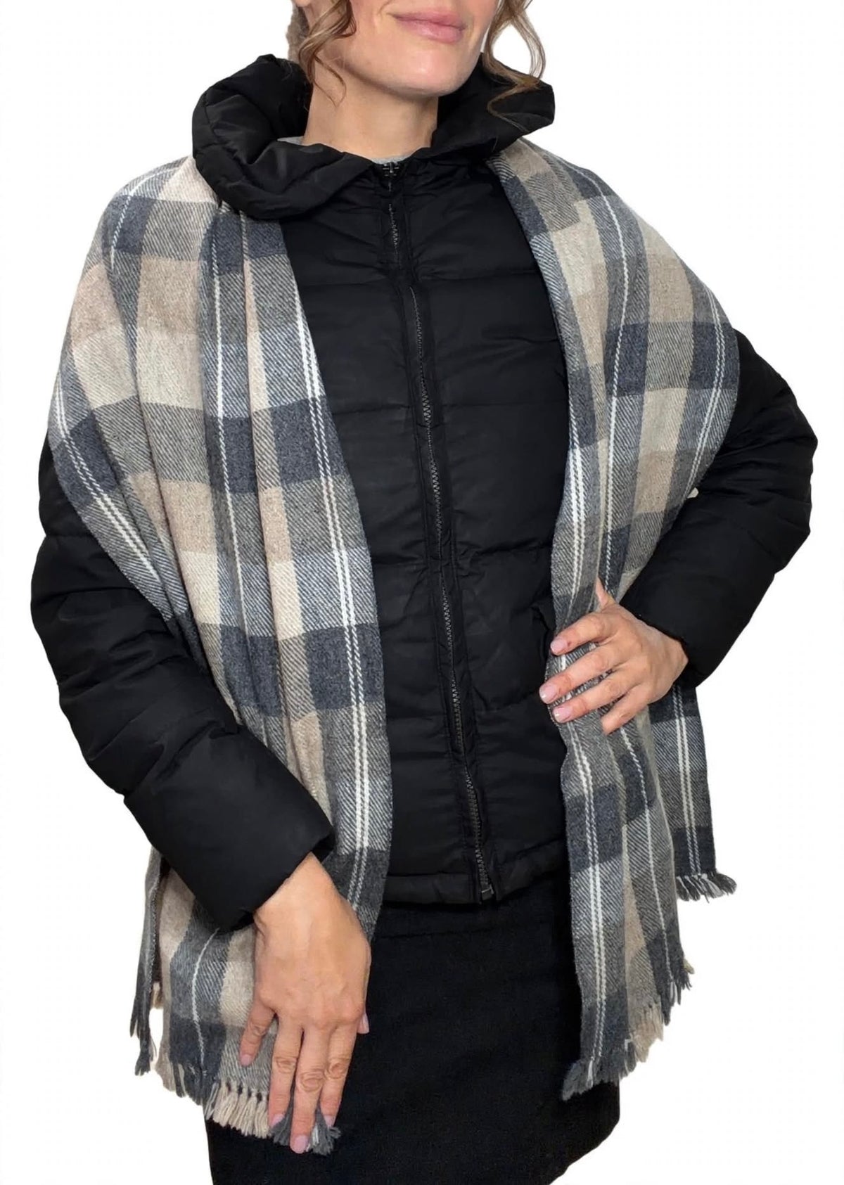 100% Cashmere Taupe and Grey Tartan Muffler