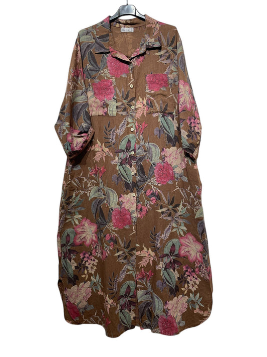 05262 LONG LINEN SHIRT, FRONT AND SIDE POCKETS: CHOCO