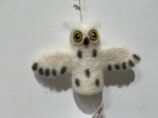 White owl with grey spots, finger puppet or ornament 259