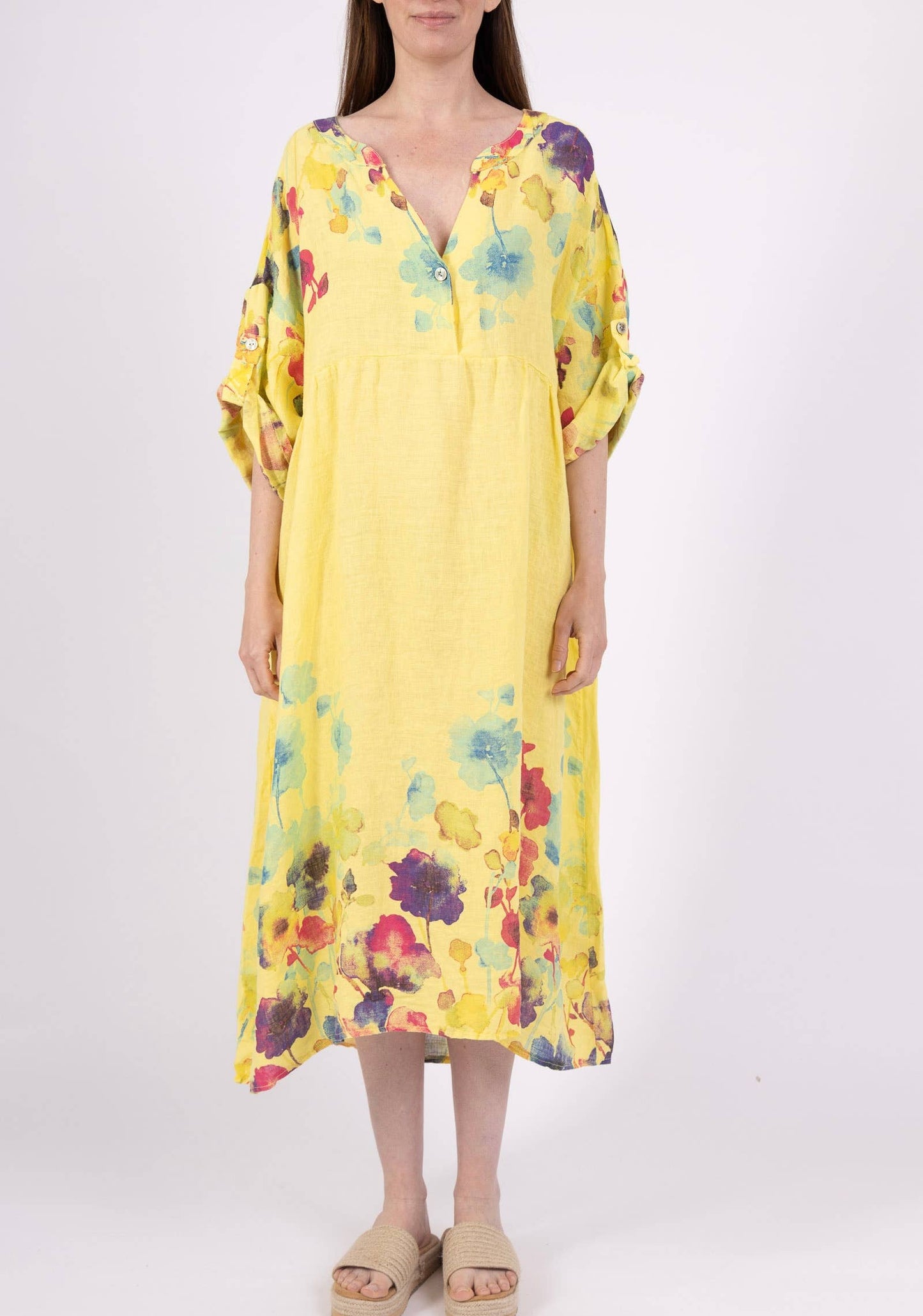LINEN DRESS 1071 FLORAL PATTERN: ANISE