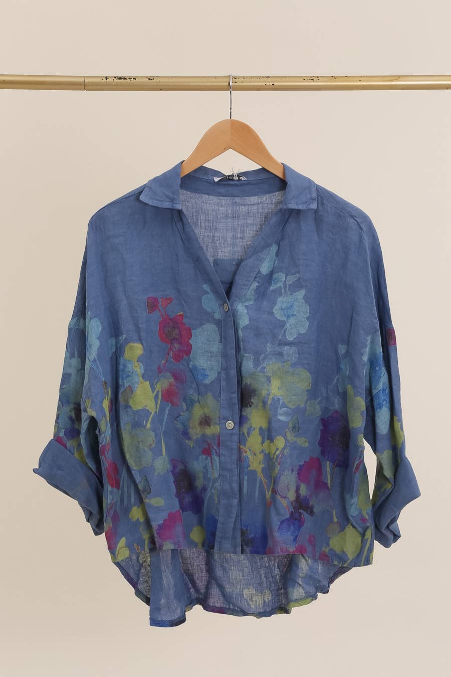 Floral Print Blouse 100% Linen: Denim