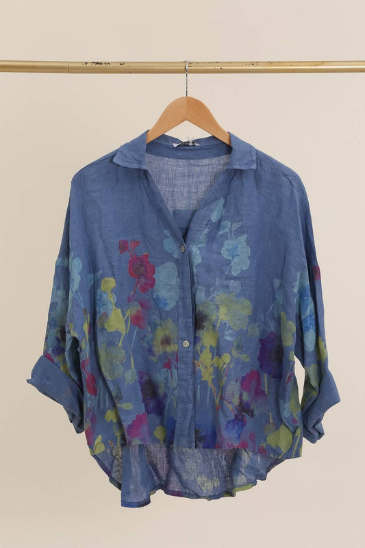 Floral Print Blouse 100% Linen: Denim