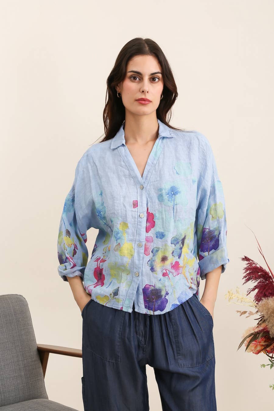 Floral print blouse 20984 100% linen: White