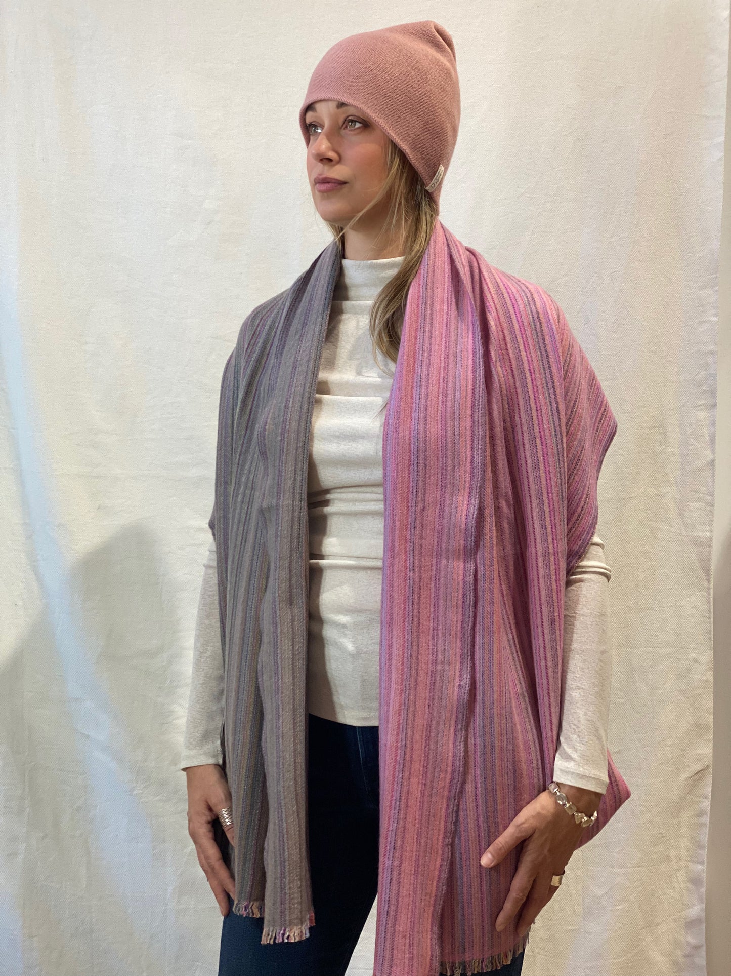 Mixed Dark Pink Stripe Cashmere Scarf