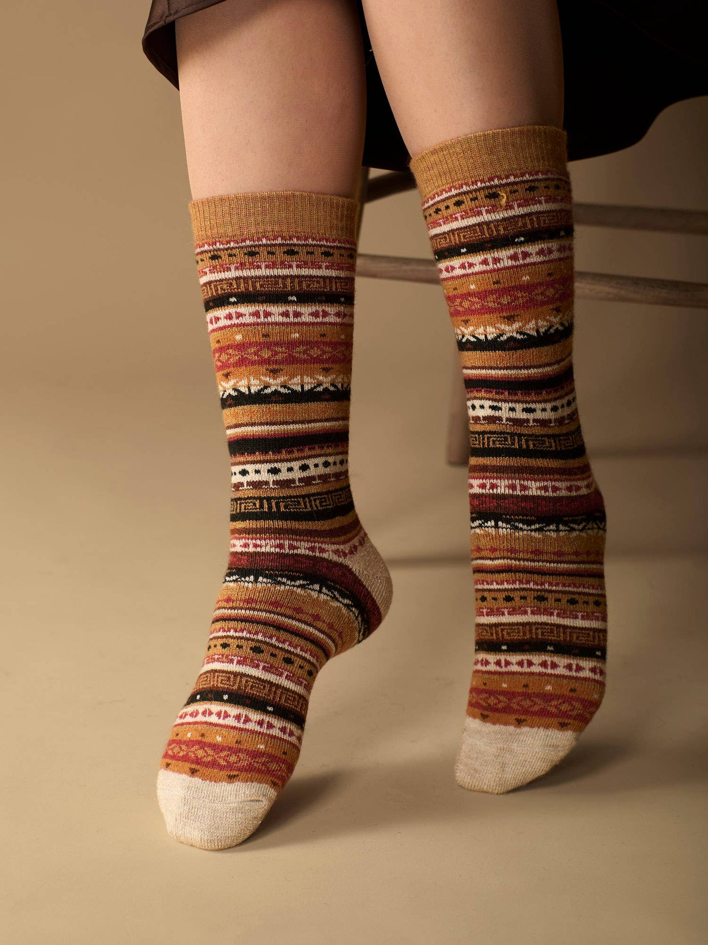 Fair Isle Alpaca Socks | Full Cushion Socks | Crew Socks: Mustard / Medium