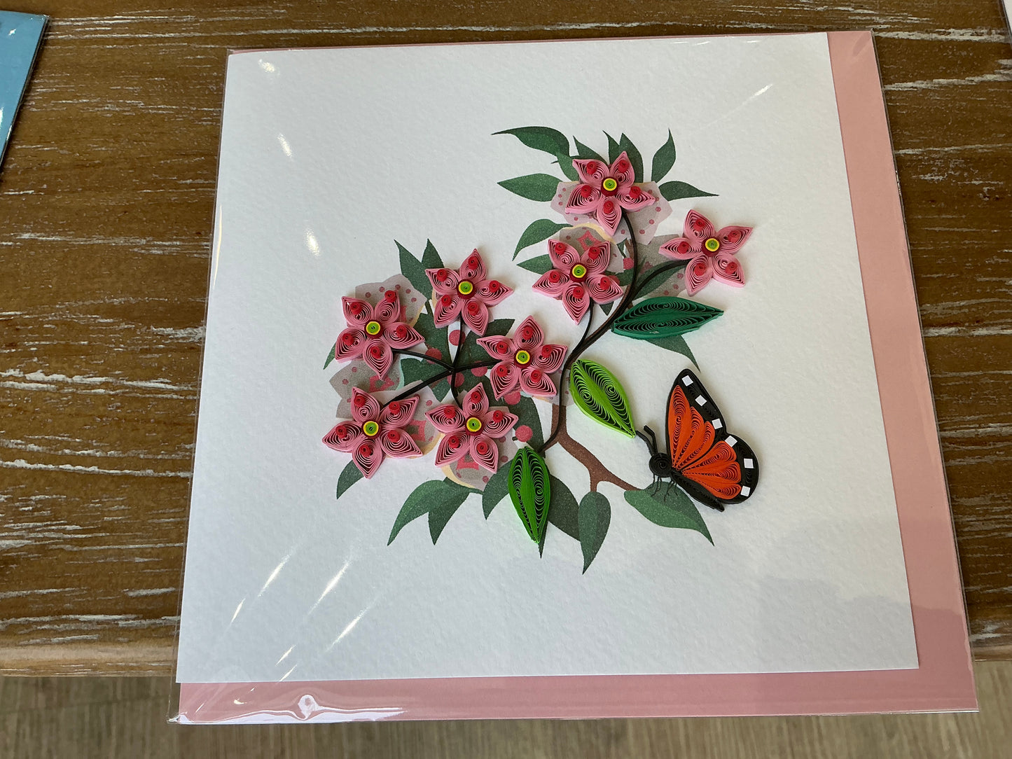 Butterfly pink flower hand made quilling card