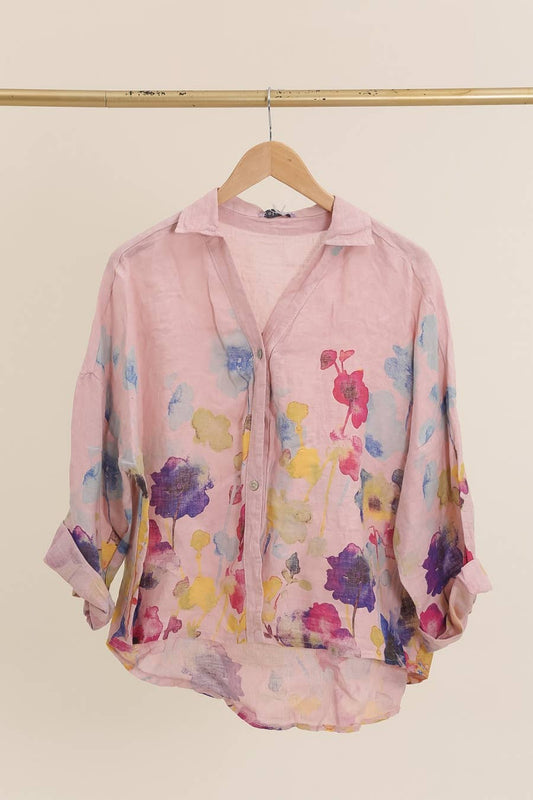 Floral Print Blouse 100% Linen: Blush