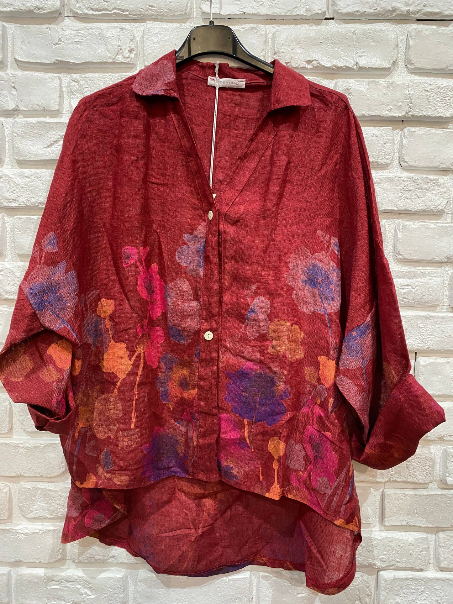 Floral print blouse 20984 100% linen: White