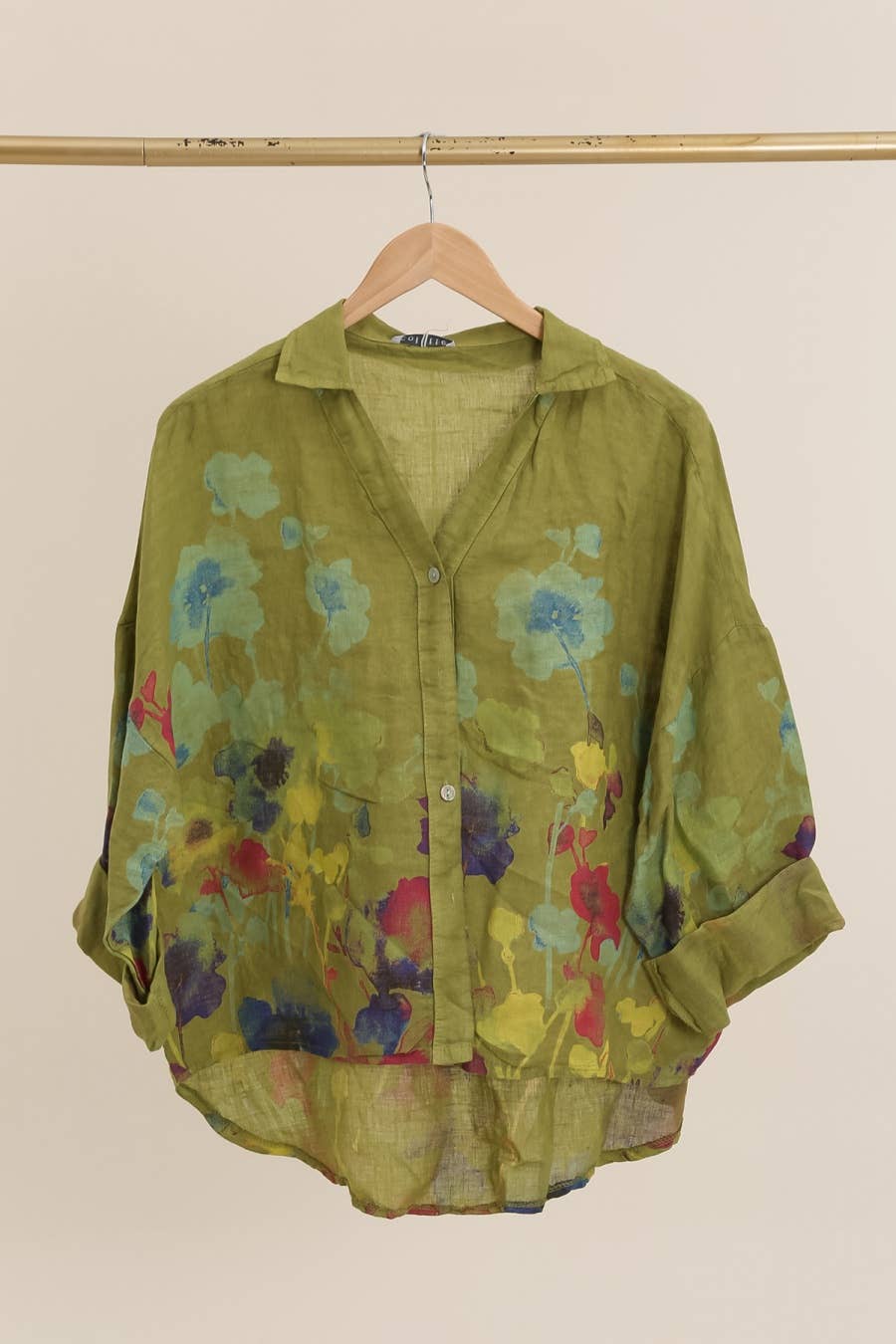 Floral Print Blouse 100% Linen: Olive