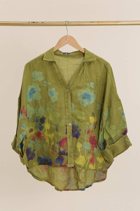 Floral Print Blouse 100% Linen: Olive