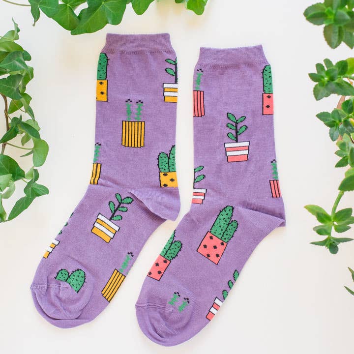 Women’s Purple Potted Plant Socks: Women's 5 - 10