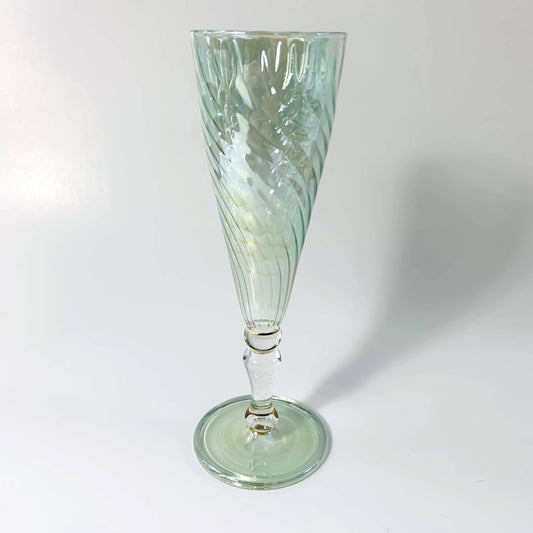 Blown Glass Long Stem Champagne Flute - Iridescent: Green