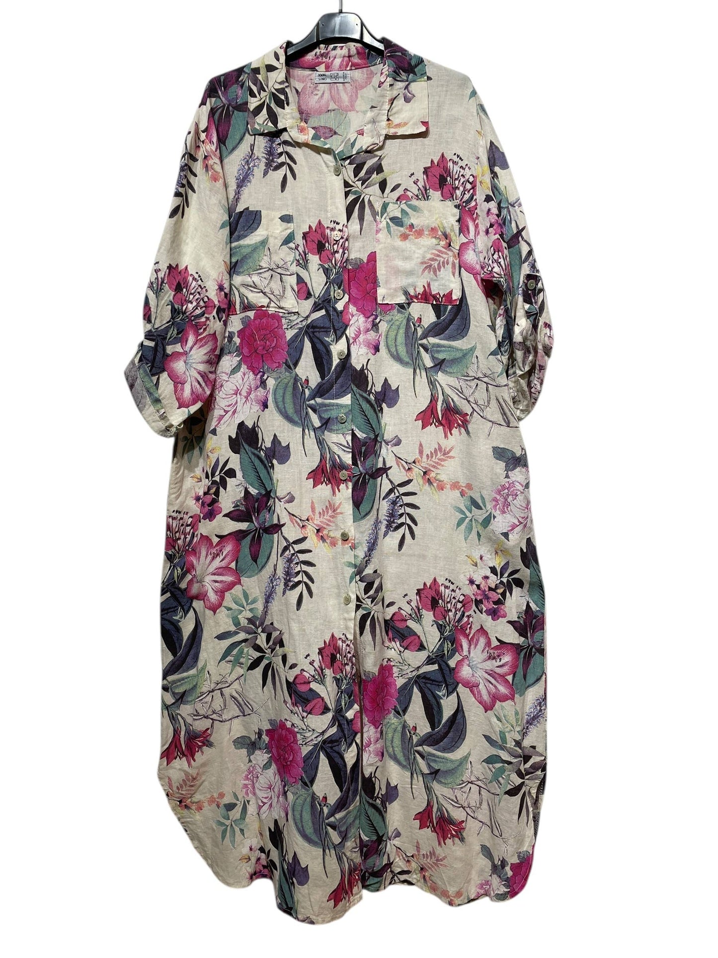 05262 LONG LINEN SHIRT, FRONT AND SIDE POCKETS: ANISE