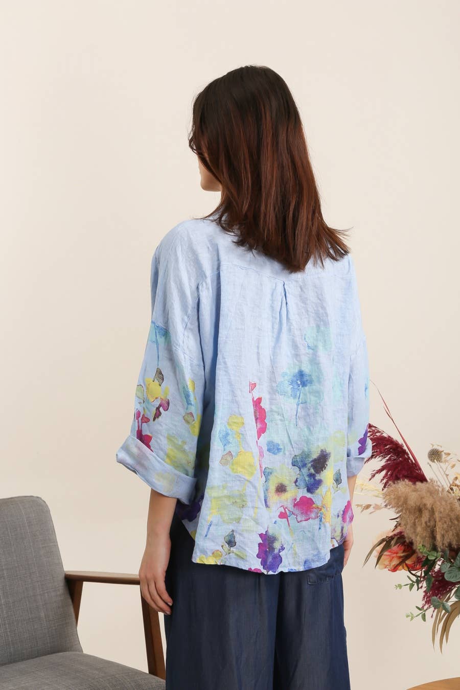 Floral print blouse 20984 100% linen: White