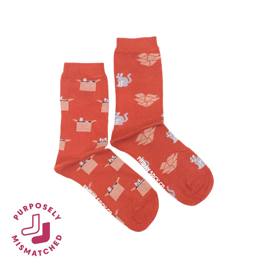 Women's Orange Cat & Box Socks: Women’s 5 – 10