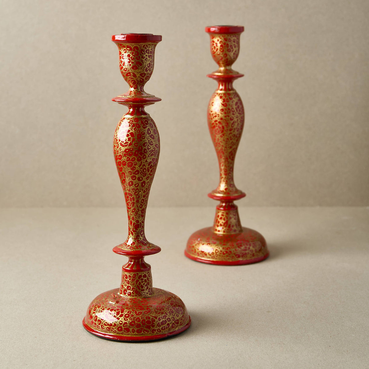 Wooden Candle Stick Holder 12" | Red & Gold
