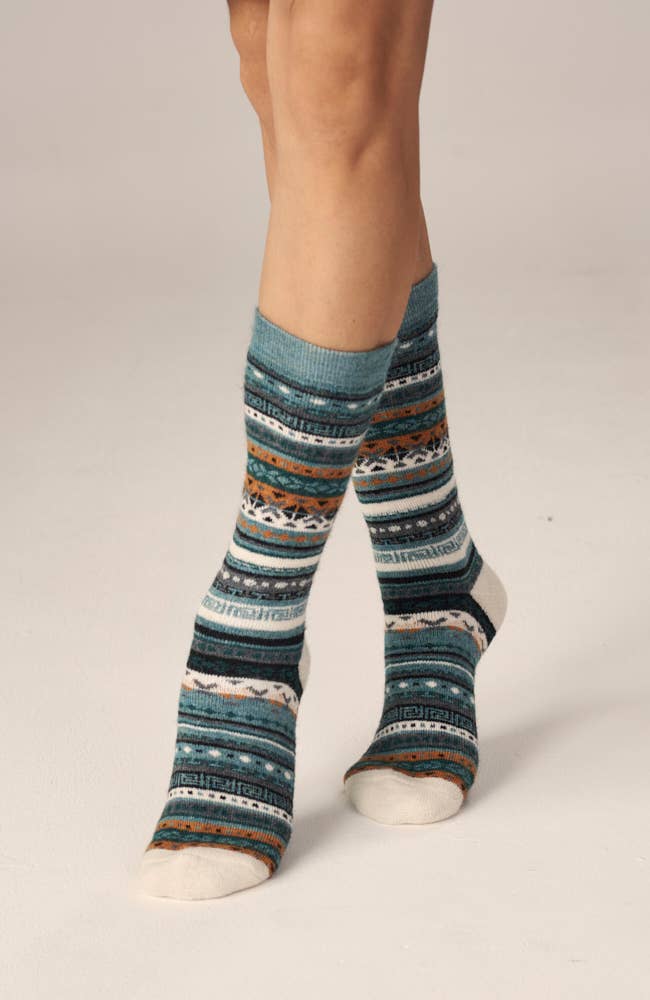 Fair Isle Alpaca Socks | Full Cushion Socks | Crew Socks: Mint / Medium