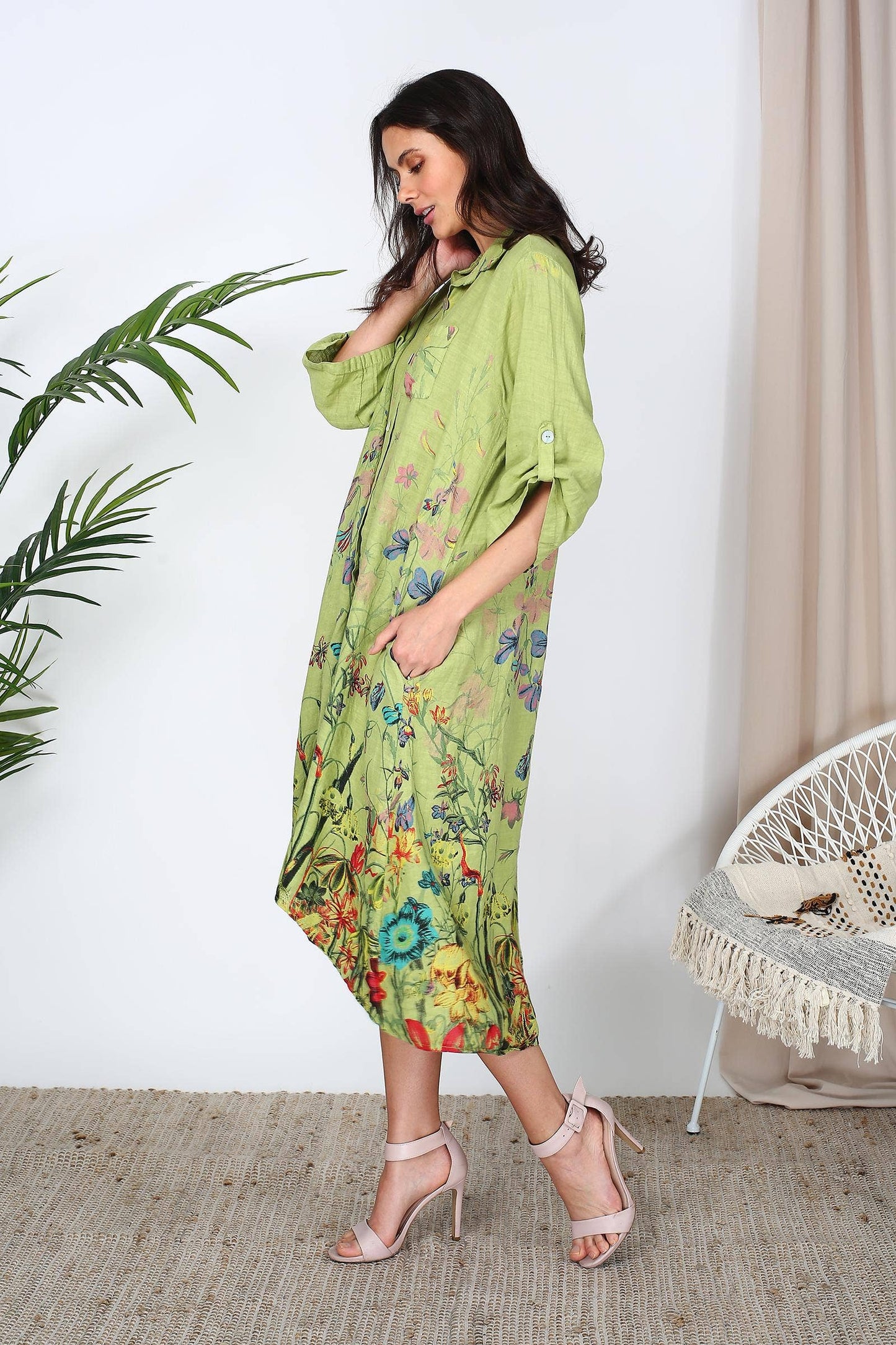 57517 LONG LINEN DRESS : APPLE