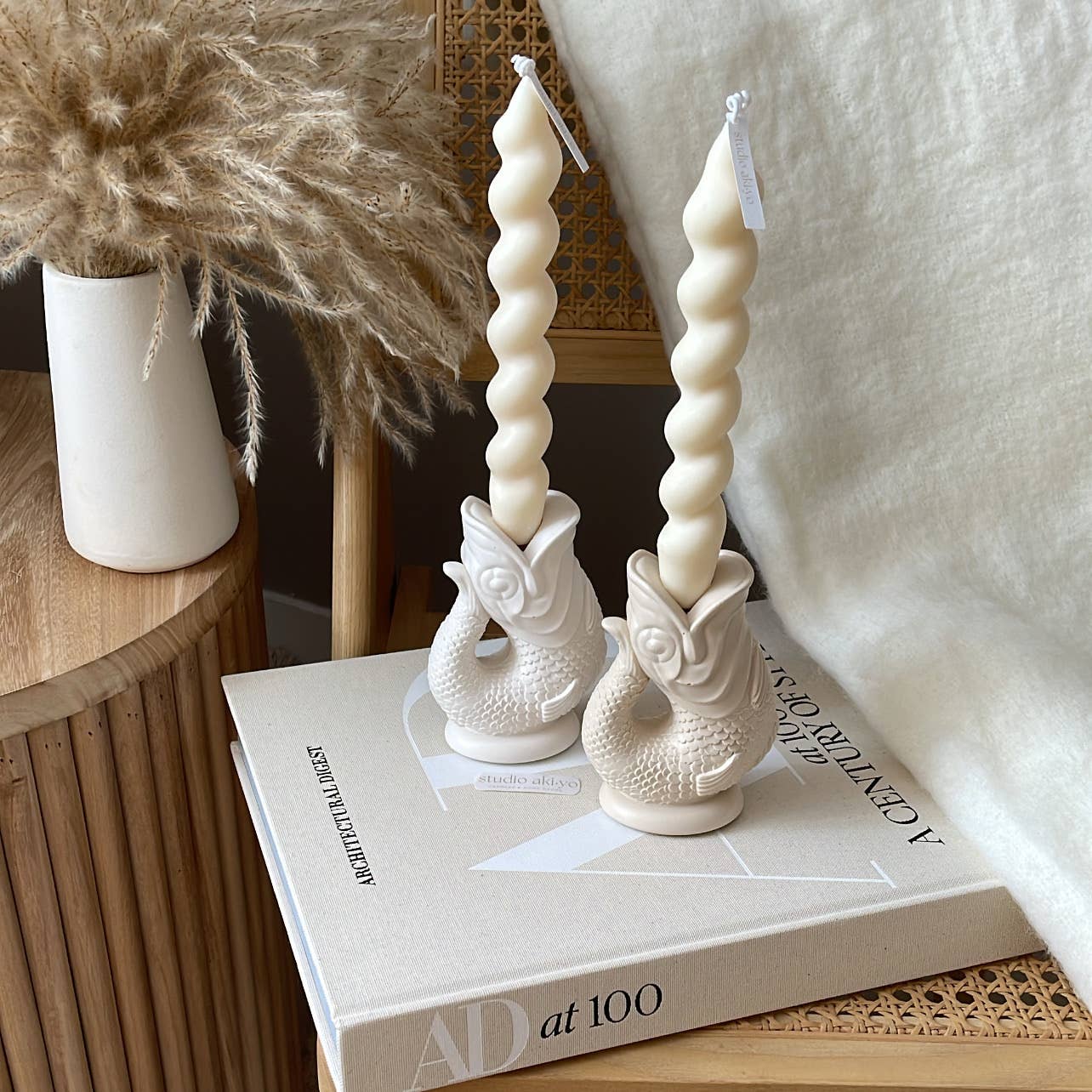 Koi Fish Taper Candle Holder | Minimalist Candlestick Holder: Cream White