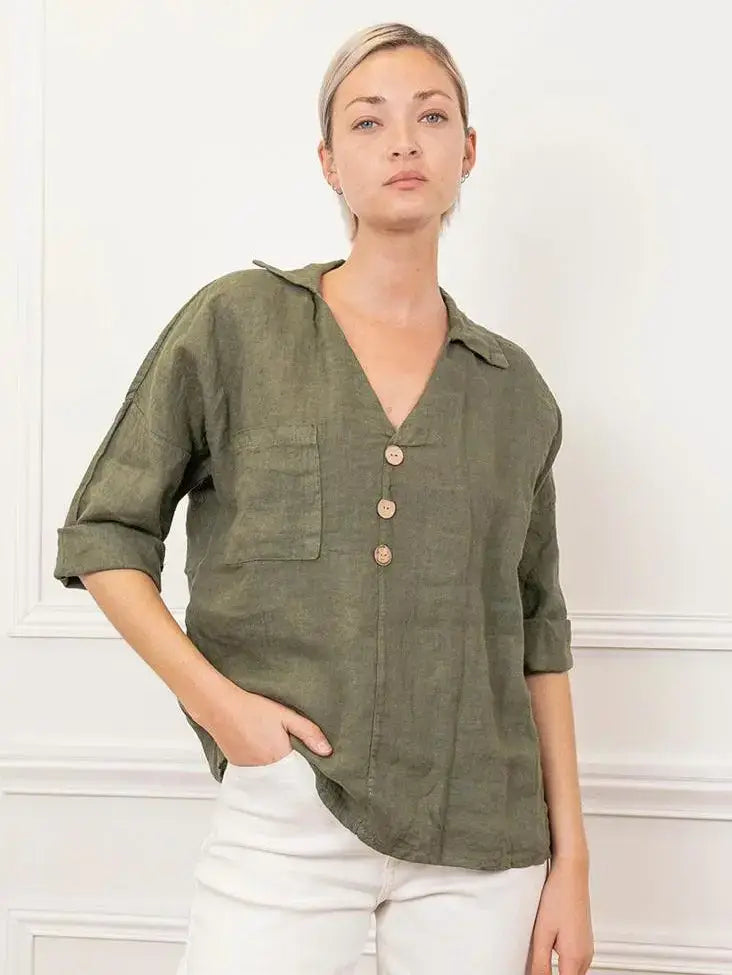 Linen blouse v-neck 68137 100% linen: Frog