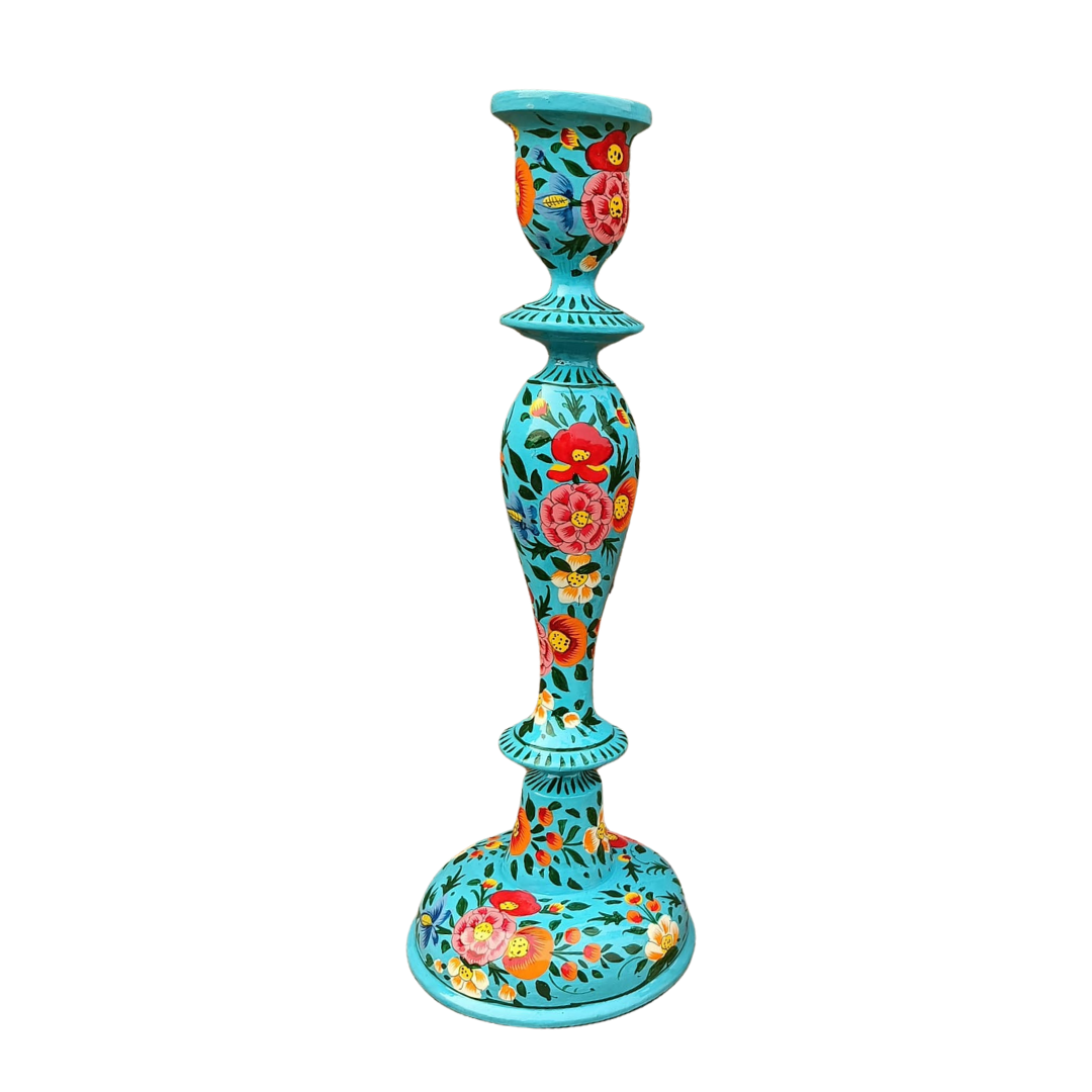 Wooden Candle Stick Holder 12" | Turquoise Floral