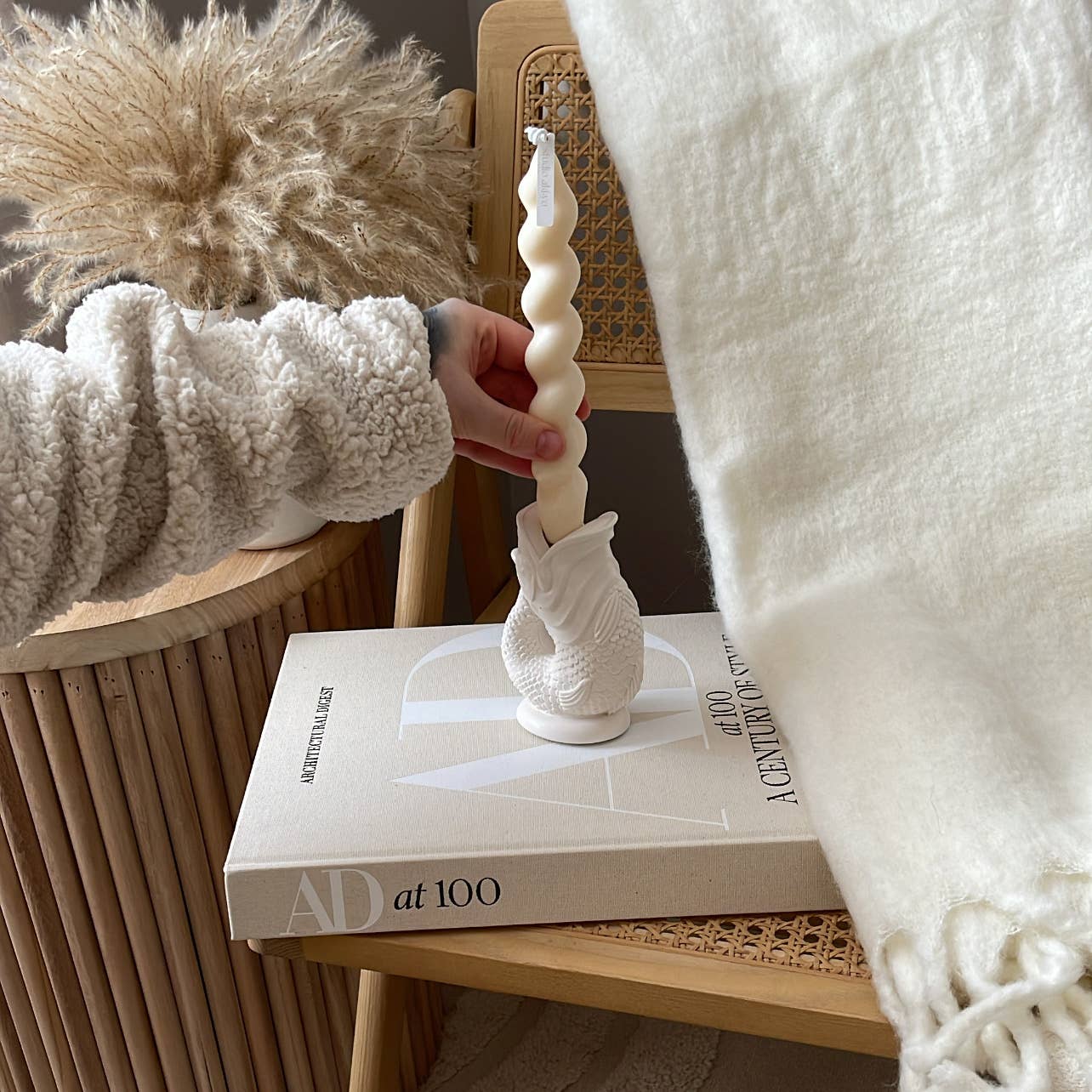 Koi Fish Taper Candle Holder | Minimalist Candlestick Holder: Cream White