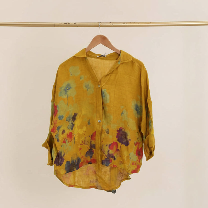 Floral Print Blouse 100% Linen: Sunflower
