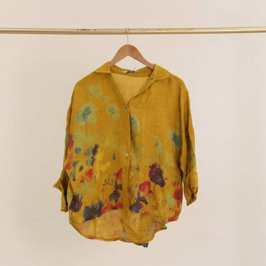 Floral Print Blouse 100% Linen: Sunflower