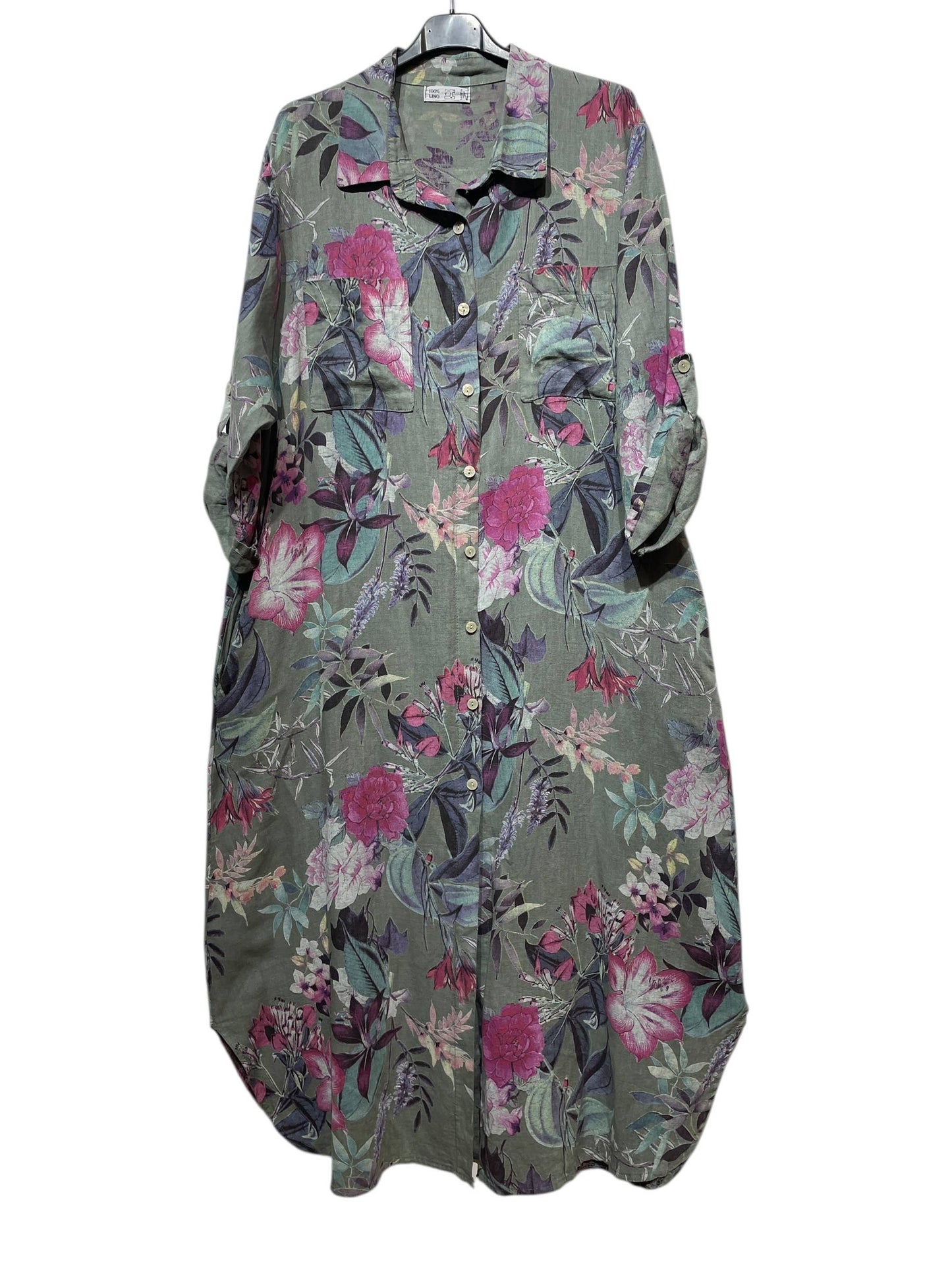 05262 LONG LINEN SHIRT, FRONT AND SIDE POCKETS: ANISE