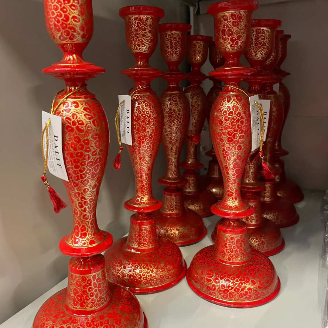 Wooden Candle Stick Holder 12" | Red & Gold