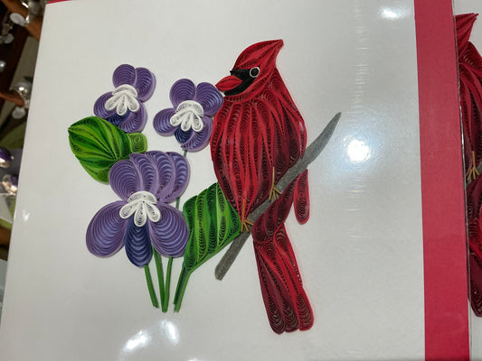 Cardinal with purple floral hand made quilling card