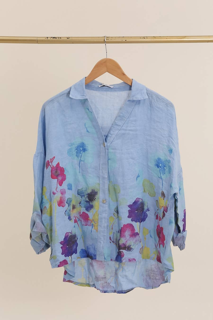 Floral print blouse 20984 100% linen: White