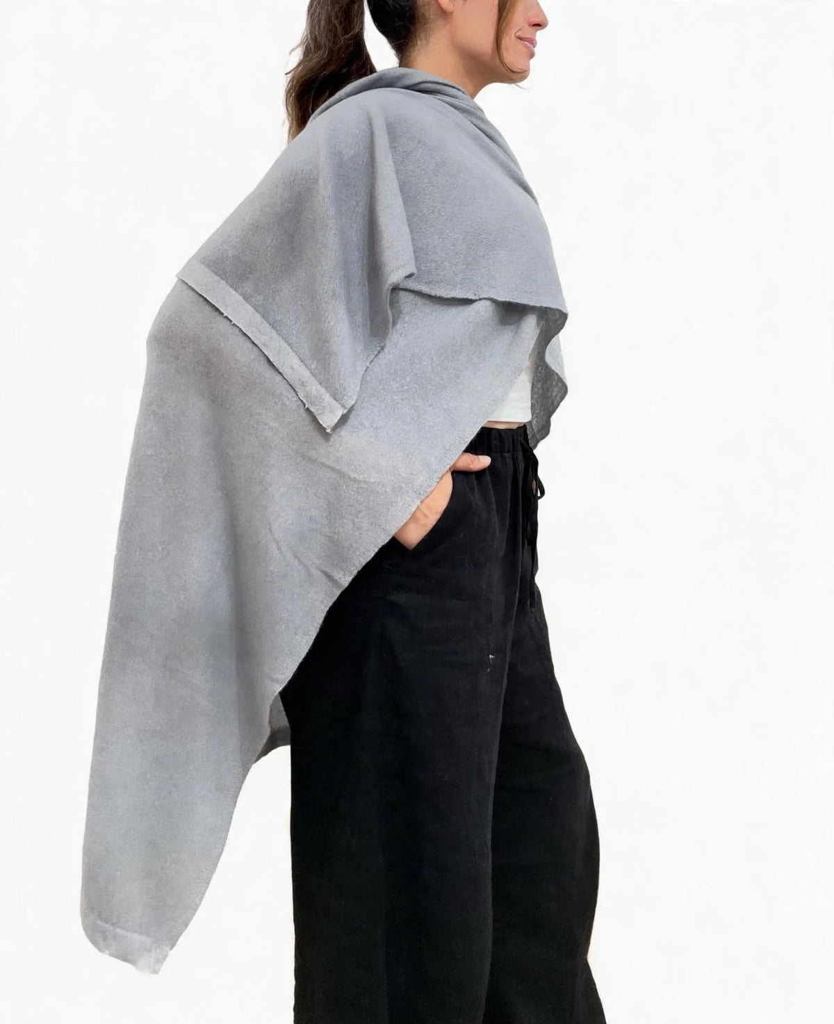 100% Cashmere Draped Long Wrap SILVER GREY
