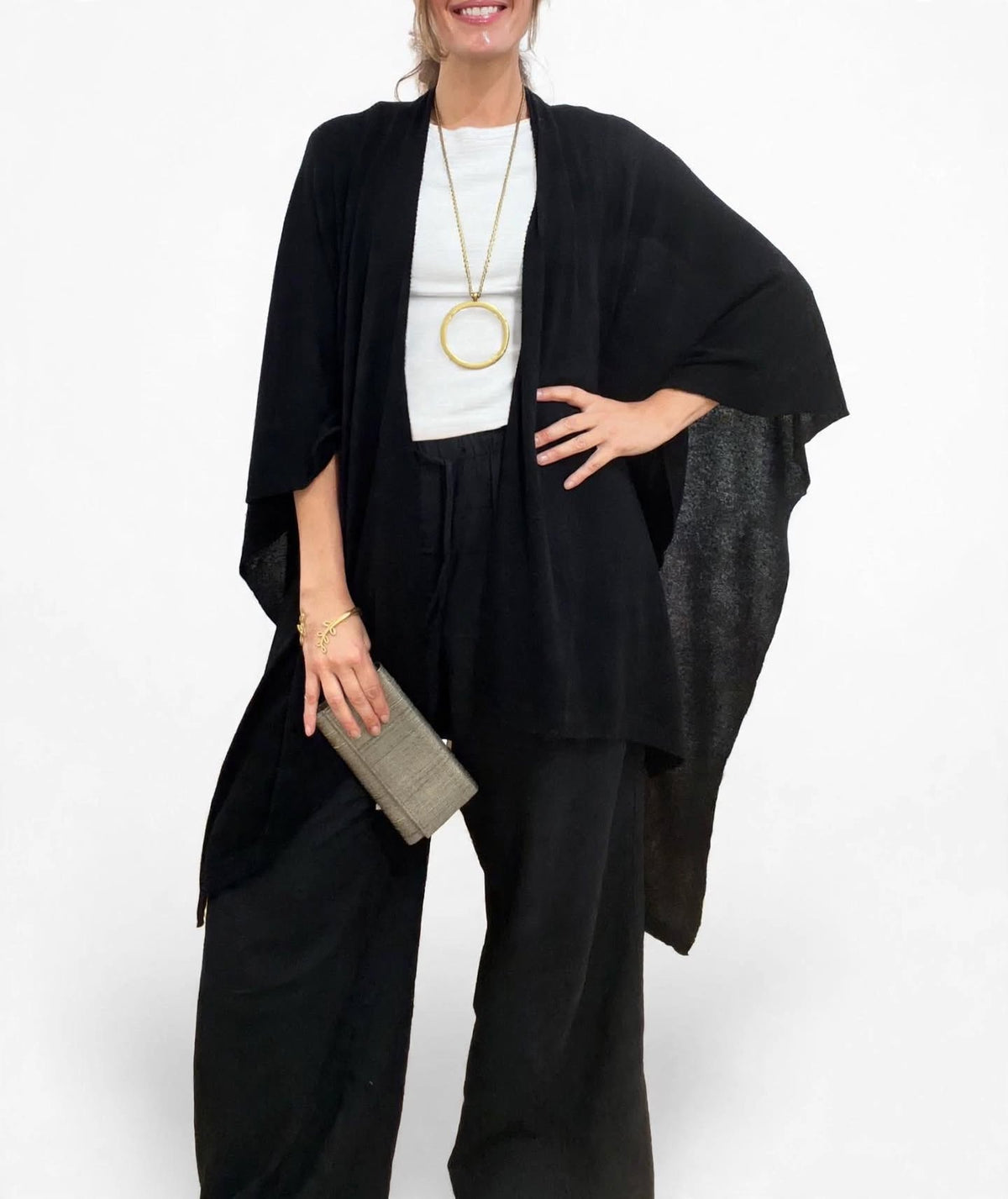 100% Cashmere Draped Long Wrap BLACK