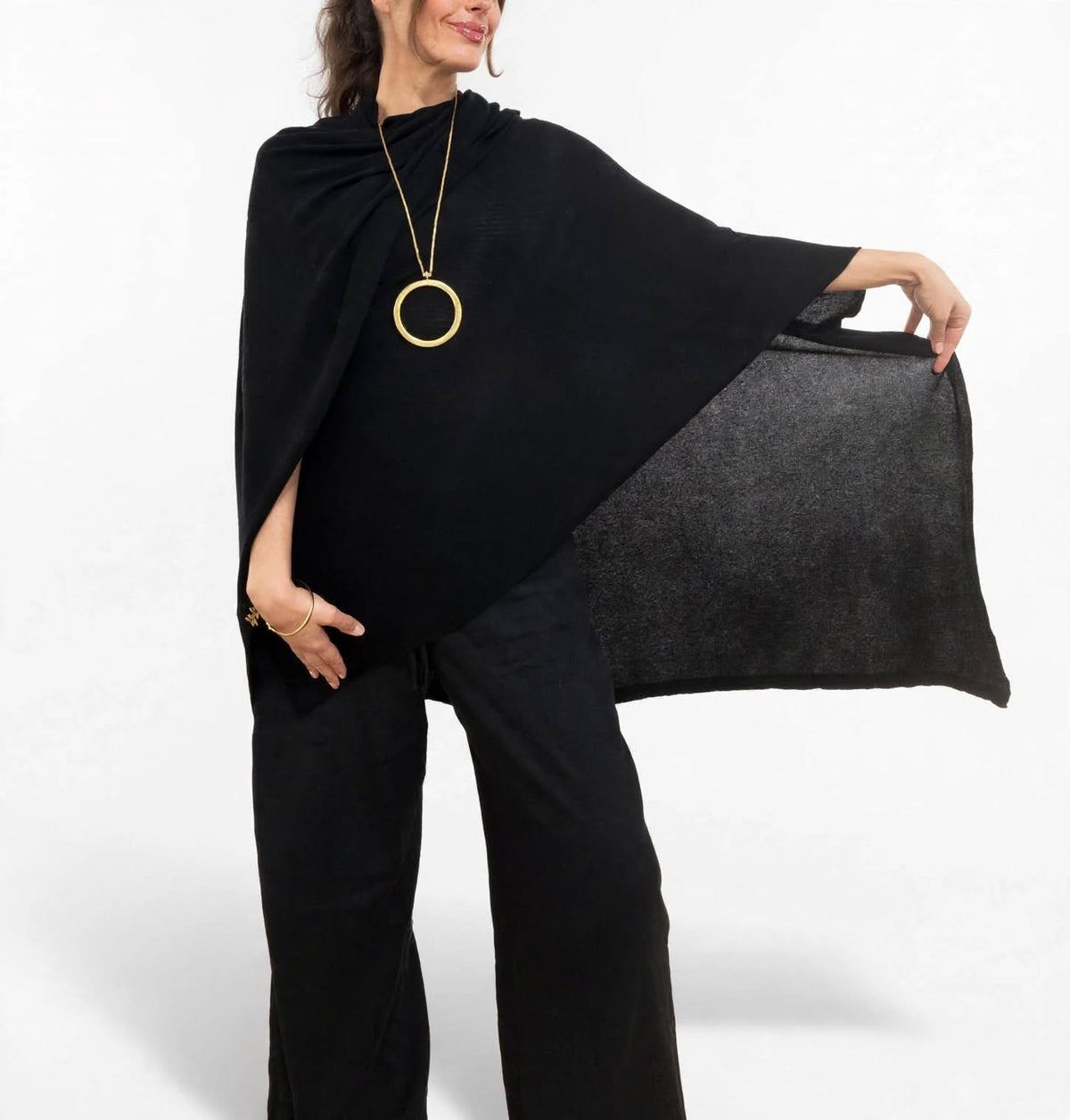 100% Cashmere Draped Long Wrap BLACK