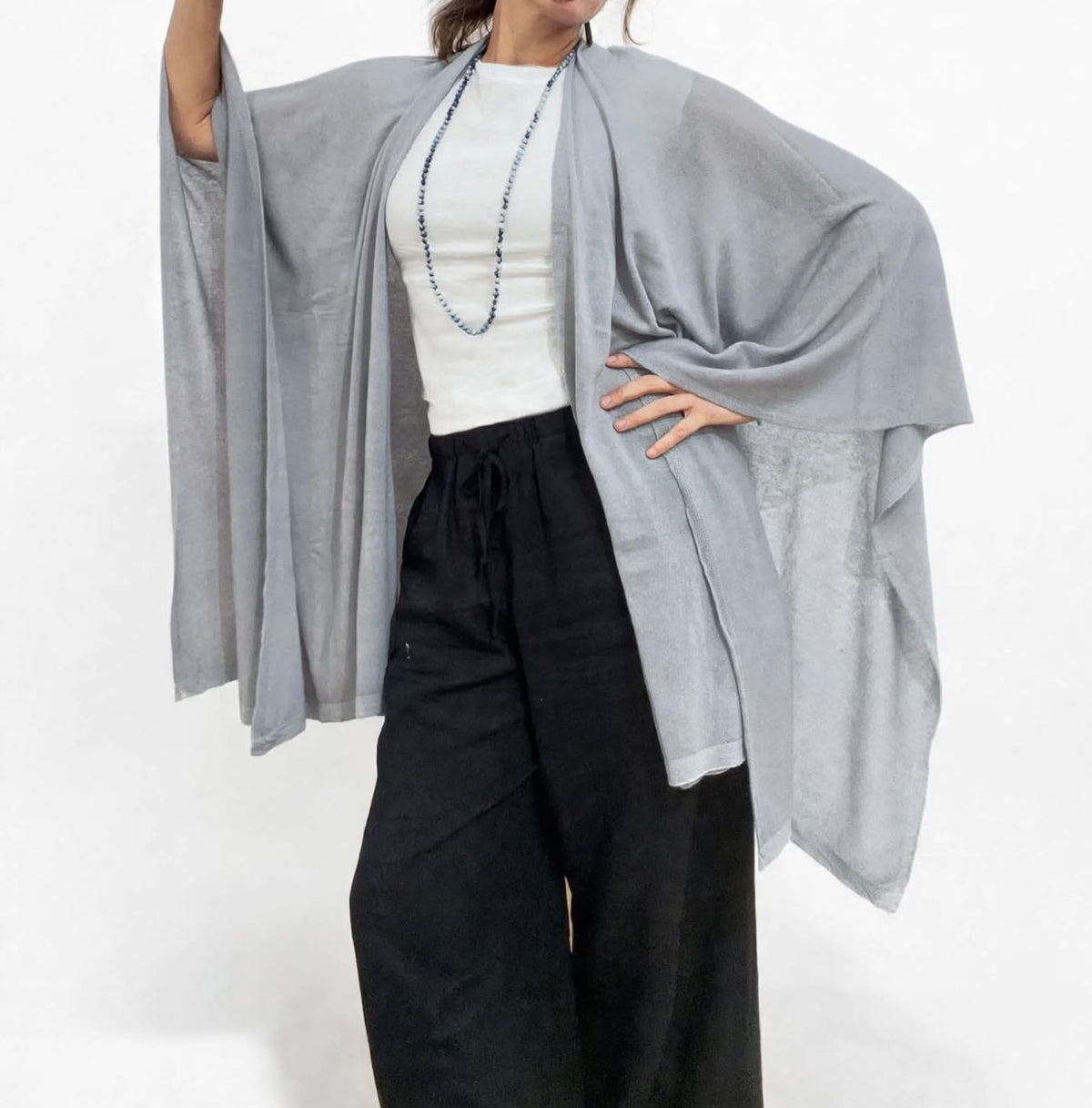 100% Cashmere Draped Long Wrap SILVER GREY