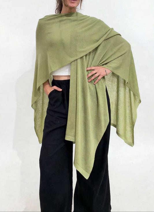 100% Cashmere Draped Long Wrap MOSS