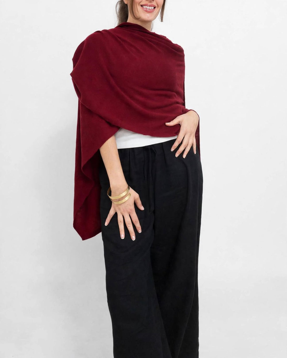 100% Cashmere Draped Long Wrap BURGUNDY