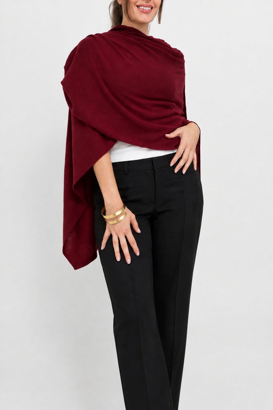 100% Cashmere Draped Long Wrap BURGUNDY
