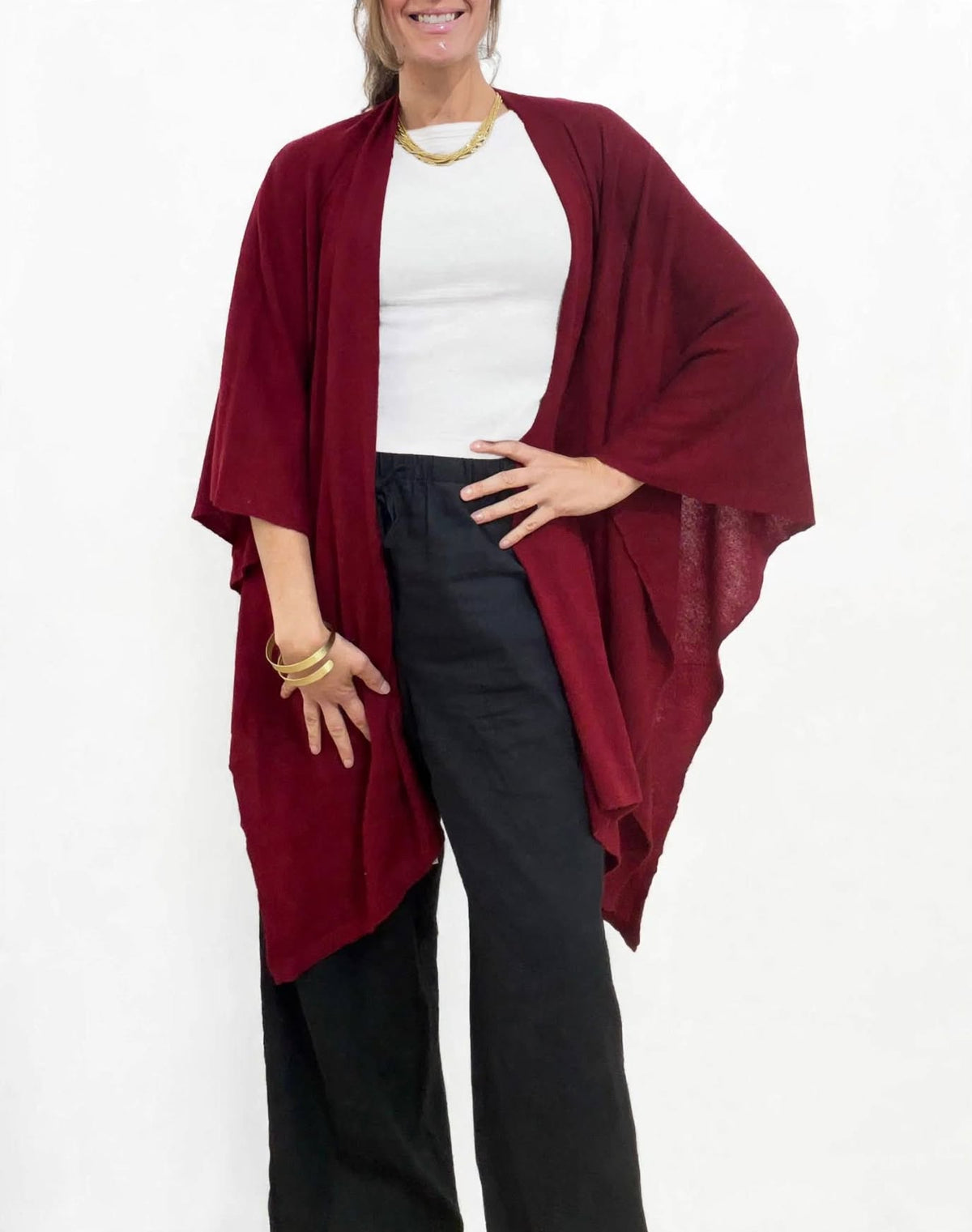 100% Cashmere Draped Long Wrap BURGUNDY